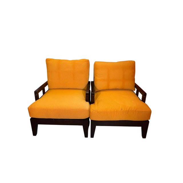 Transitional Bernhardt Pair of Lounge Chairs and Ottoman, Dark Wood Frames, Orange Cushions For Sale - Image 3 of 6
