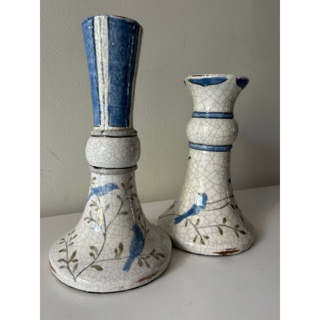 1990s 1990s Pair of Hand Painted Terracotta Candlesticks-Birds & Branches Motif For Sale - Image 5 of 10