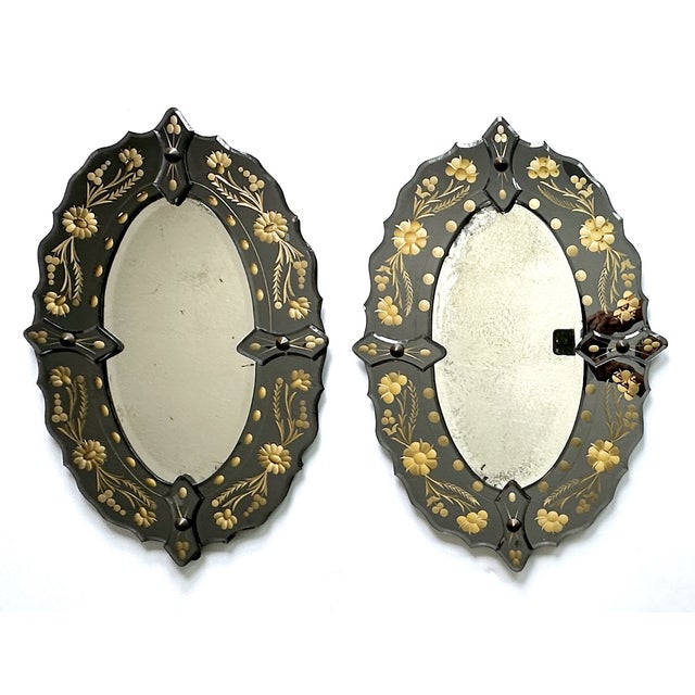 Pair of Mid-Century Italian Venetian Black Glass and Gilt Floral Mirrors, 1960s For Sale - Image 18 of 18