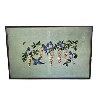 Large Blue Swallow and Wisteria Framed Needlepoint For Sale
