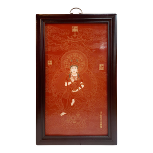 Chinese Framed Porcelain Buddhist Temple Plaque Kuan Yin With a Lotus Blossom and Alms Bowl