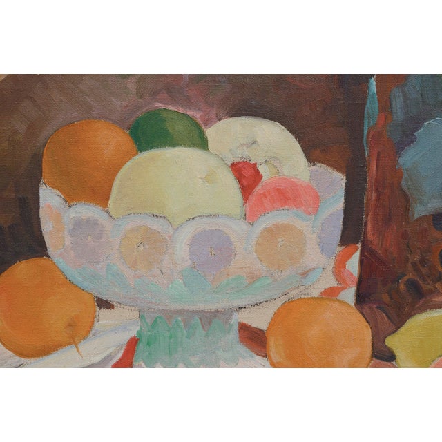 Oil still life of fruit arranged in front of a bowl and pitcher by Joseph Yeager (American, 20th Century). Circa 1940....