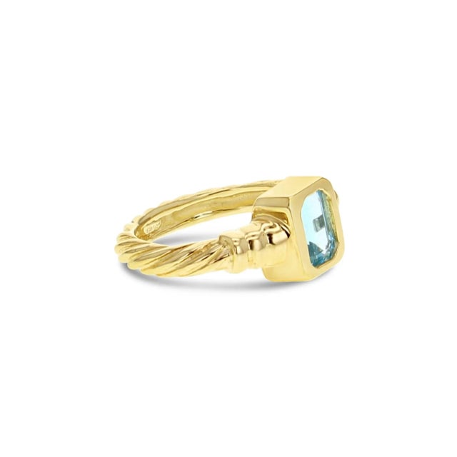 Contemporary Solitaire Emerald Cut Blue Topaz Ring with Rope Band, Size 6 For Sale - Image 3 of 3