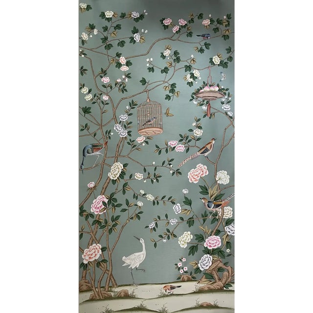 Floral Chinoiserie Mural Hand Painted Wallpaper on Gray Green Slub Silk Panel - 3 Panels For Sale - Image 4 of 5
