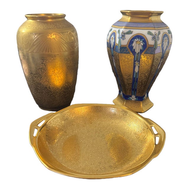 Vintage Pickard China Porcelain Gold Grouping - 3 Piece Collection For Sale