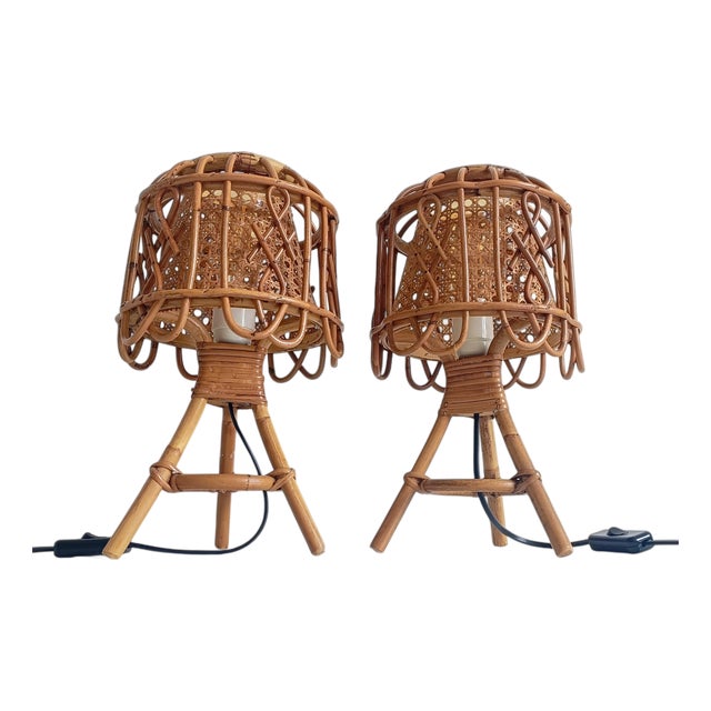 French Riviera Rattan and Cane Table Lamps by Franco Albini, 1960s, Set of 2 For Sale