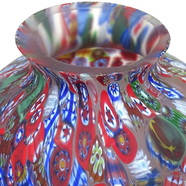 Abstract Vintage Murano Millefiori Flowers Stars Red Blue White Mosaic Italian Art Glass Flower Vase For Sale - Image 3 of 6