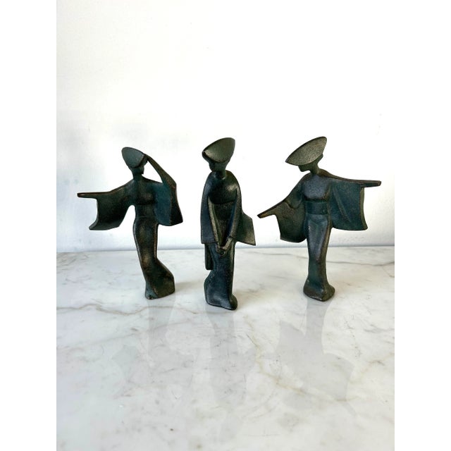 Trio of MCM Brutalist Bronze Finish Cast Iron Figures depicting Japanese Geishas, reminiscent of Awa Odori Festival...