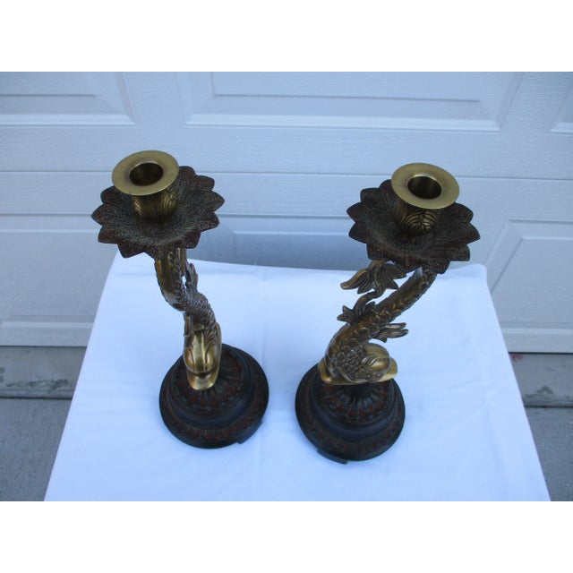 Brass Vintage Brass Koi Fish or Dolphin Candlesticks For Sale - Image 8 of 11