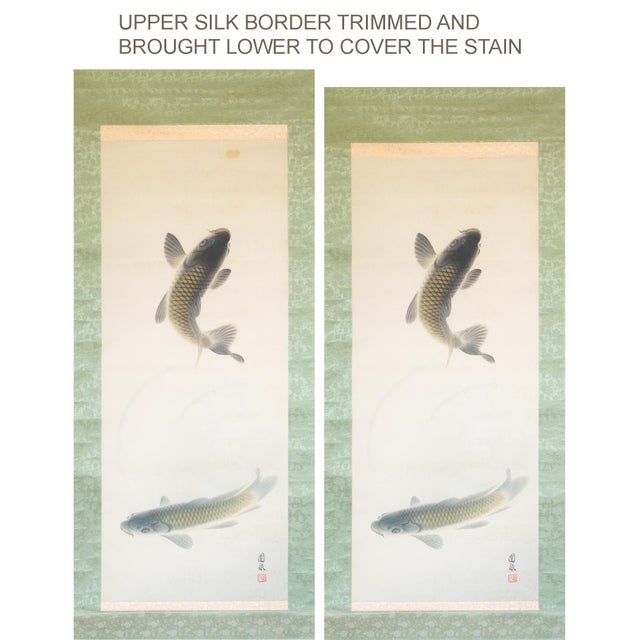 "Leaping Carp", Early Showa Era Japanese Silk Scroll Painting For Sale - Image 4 of 18