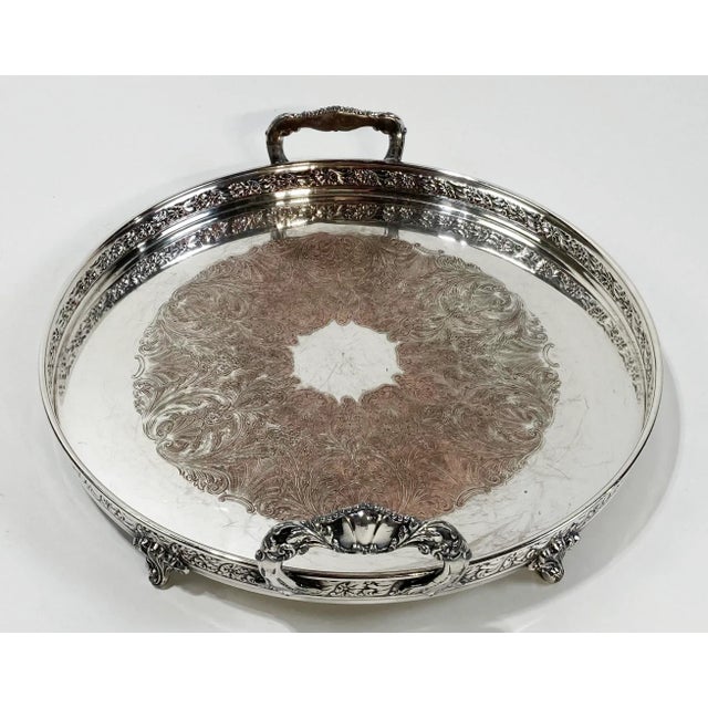 Silver Vintage Footed Round Engraved Silver Plate Tray For Sale - Image 8 of 11