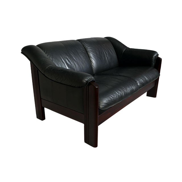 Ekornes ASA Leather Ekornes “Stressless” Settee Sofa Rosewood Finish Mid Century Modern For Sale - Image 4 of 5