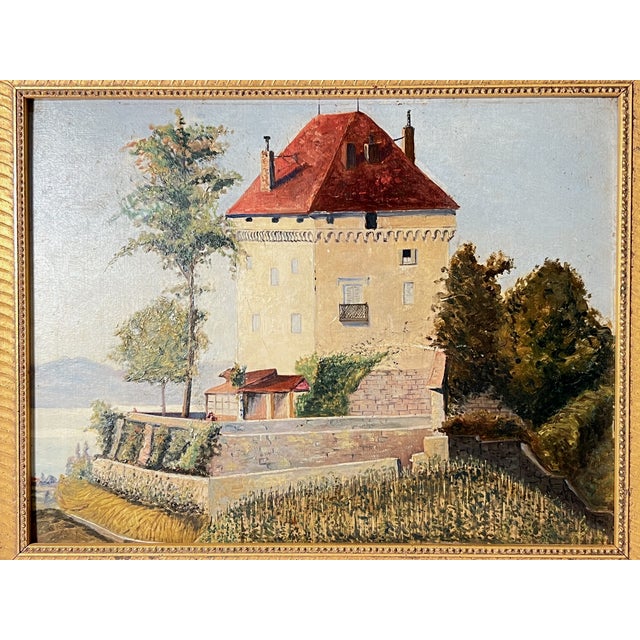 Charming antique original oil on board painting featuring an Italian Villa perched up on a hill overlooking the water with...