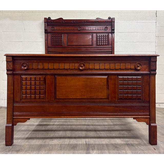 Late 19th Century Antique Full Size Late 19th Century Victorian Eastlake Monumental High Back Bed For Sale - Image 5 of 12