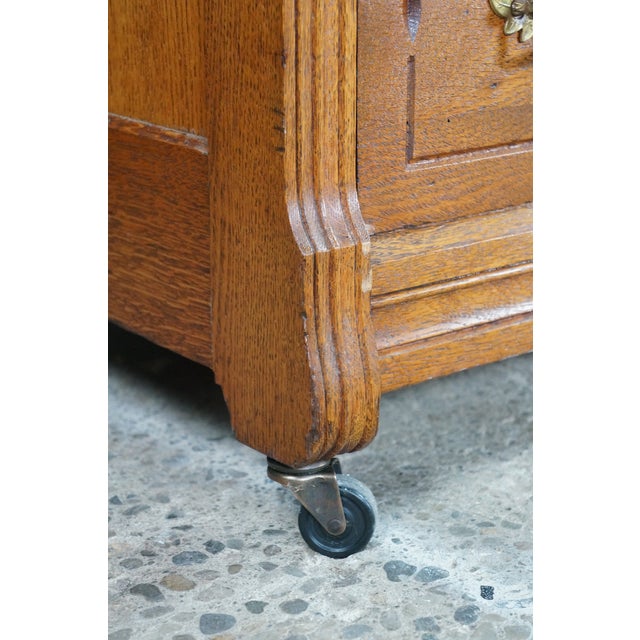 Antique Victorian Eastlake Oak Three Drawer Carved Dresser Chest Casters 43" For Sale - Image 18 of 18