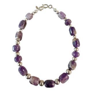 2020s Pre-Columbian Hand Carved Amethyst Beads With Silver Spacers Restrung Necklace For Sale