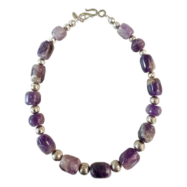 2020s Pre-Columbian Hand Carved Amethyst Beads With Silver Spacers Restrung Necklace For Sale