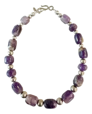 2020s Pre-Columbian Hand Carved Amethyst Beads With Silver Spacers Restrung Necklace