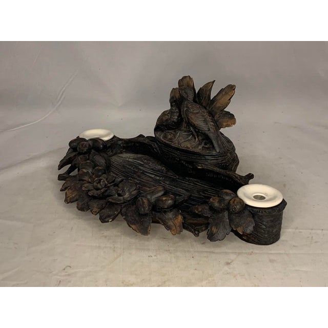 Wood Antique Black Forest Capercaillie Double Inkwell: Hand Carved Fowl Decor For Sale - Image 7 of 10