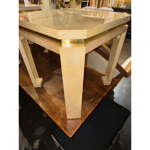 Late 20th Century Pair of Italian MCM Parchment and Brass Side Tables For Sale - Image 5 of 8