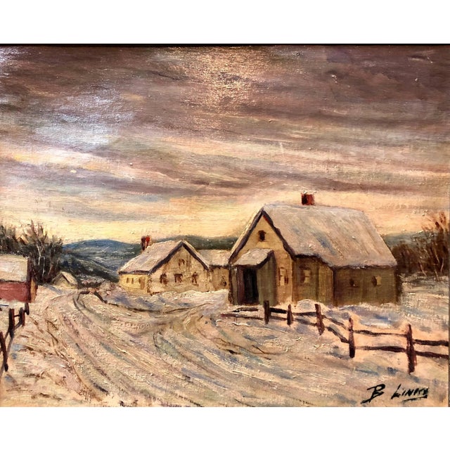 Bronislaw Linke, Polish Modernist Village landscape in the Snow Oil Painting For Sale - Image 4 of 4