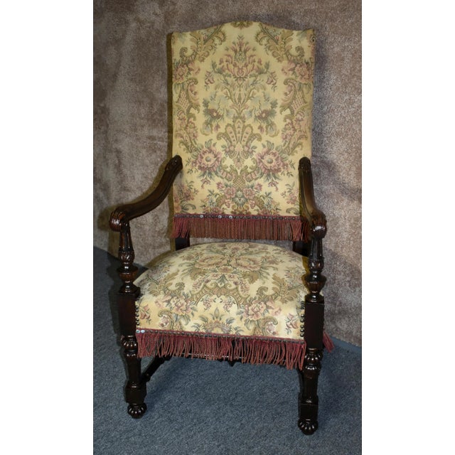 Antique Carved Oak Armchair 1920s Tudor Style High Back Fringe Stretcher Base For Sale - Image 10 of 13
