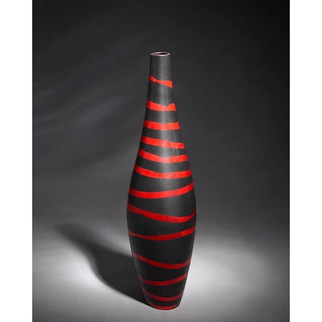 Modern Modern Sculptural Floor Vase in Black and Red Striped Finish For Sale - Image 3 of 4