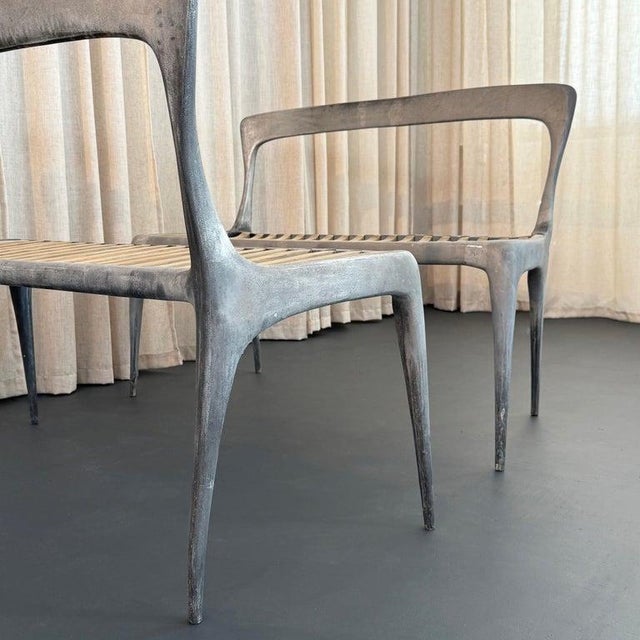 Wood Organic Modern Cast Aluminum and Teak Bench by John Reeves For Sale - Image 7 of 11