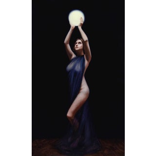 Behold by Derek Harrison | Oil on linen of a woman holding a glowing orb For Sale