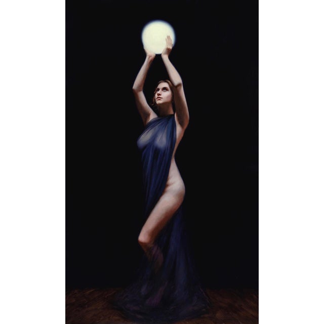 Behold by Derek Harrison | Oil on linen of a woman holding a glowing orb For Sale