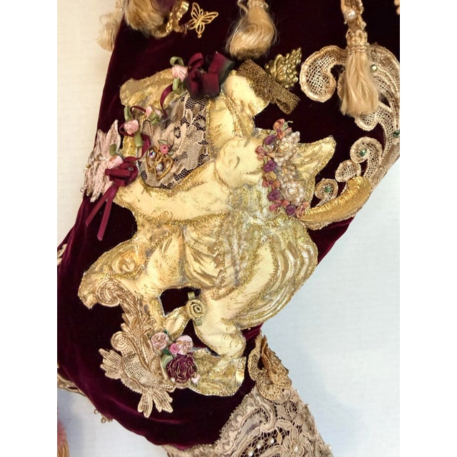 Victorian Style Burgundy Velvet Christmas Stocking With Cherub, Lace & Tassels For Sale In Los Angeles - Image 6 of 14
