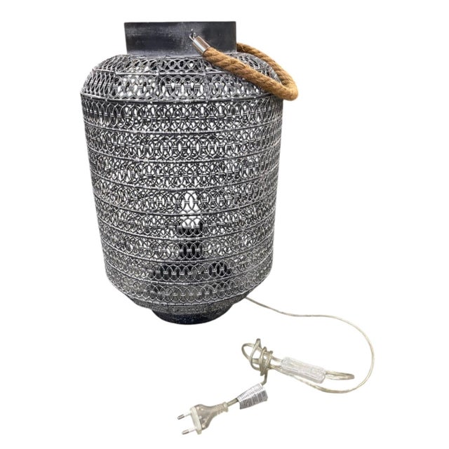 Vintage Industrial Mesh Lantern Table Lamp With Jute Rope Handle For Sale - Image 4 of 12