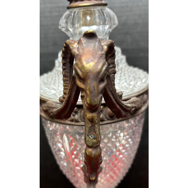 Early 20th Century Pair of French Neoclassical Cut Crystal & Patinated Bronze Urn Lamps With Ram/Goat Head Handles For Sale - Image 5 of 12