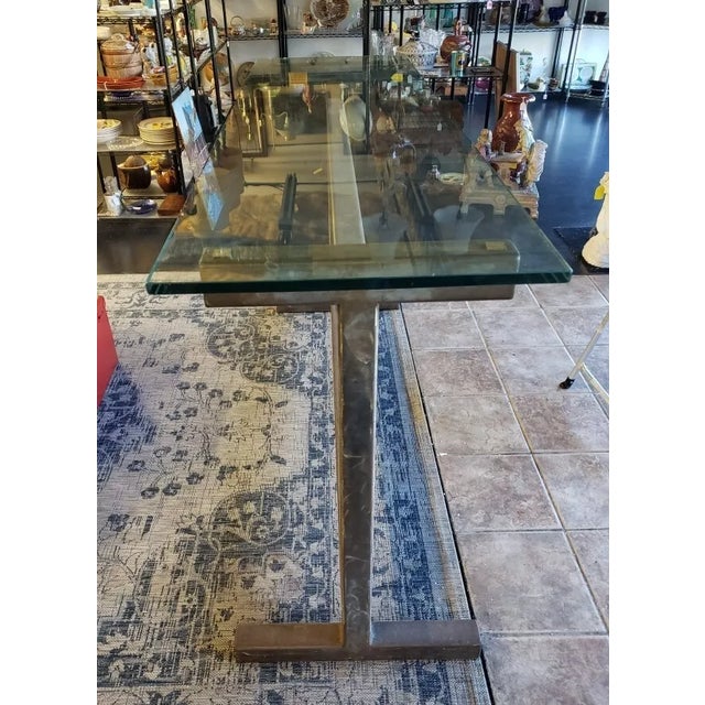 Late 20th Century Contemporary Modern Style Brushed Steel Truss Base Glass Top Elongated Raised Rectangular Table (20th./21st Century) For Sale - Image 5 of 11