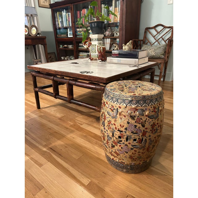 Mid 20th Century “Far Horizons” Rattan and Tile Campaign Style Coffee Table by Ficks Reed For Sale - Image 12 of 12