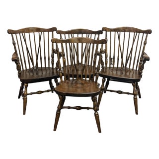 Vintage Ethan Allen Antiqued Pine Old Tavern Duxbury Chairs - Set of 4 For Sale