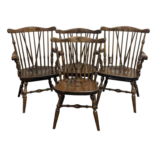 Vintage Ethan Allen Antiqued Pine Old Tavern Duxbury Chairs - Set of 4 For Sale