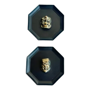 Vintage Brass Kabuki Miniature Masks on Octagonal Black Metal Plaques - Japanese Wall Art Pair