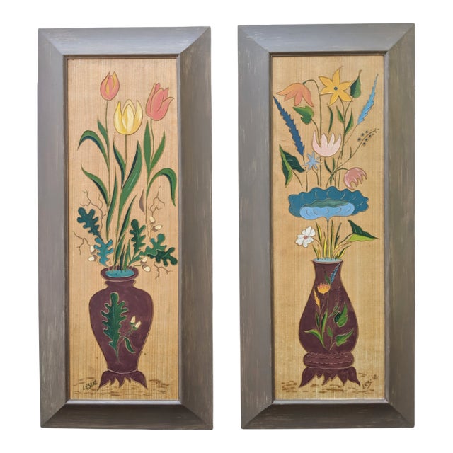 Vintage Handcrafted Folk Art Botanical Floral Framed Wall Panels- A Pair For Sale