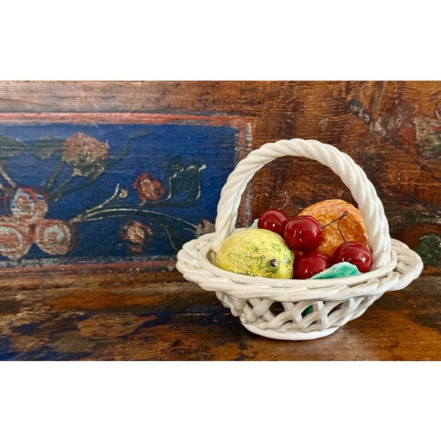 Vintage 1970’s Italian Ceramic, Majolica Fruit Basket, in the Style of Bassano. Featuring a white woven lattice design...