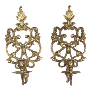Vintage French Provincial Rococo Brass Wall Candle Sconces- a Pair For Sale