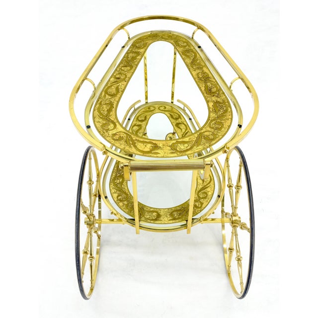 Mid 20th Century Brass Etched Glass Mid Century Modern Serving Bar Cart Wagon Style Wheels MINT For Sale - Image 5 of 14