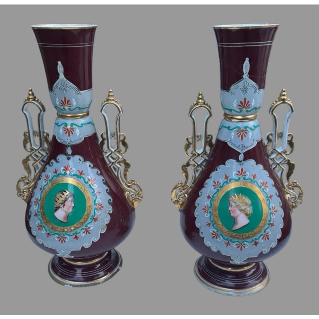 Pair Antique 19” Hand Painted Gilt Decorated Old Pair Porcelain Portrait Handled Vases For Sale - Image 10 of 11
