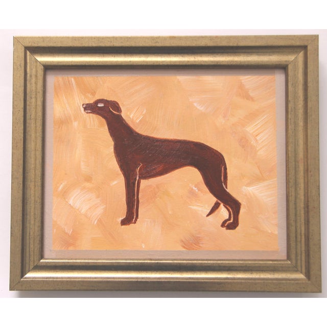 An elegant greyhound dog silhouette, style of Erte, and border in shades of burnt orange, beige burnt umber. Minimalism,...