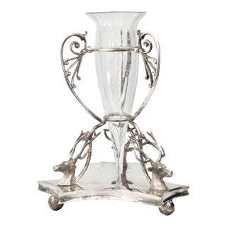 Victorian Stag's Head Silverplate & Glass Vase For Sale
