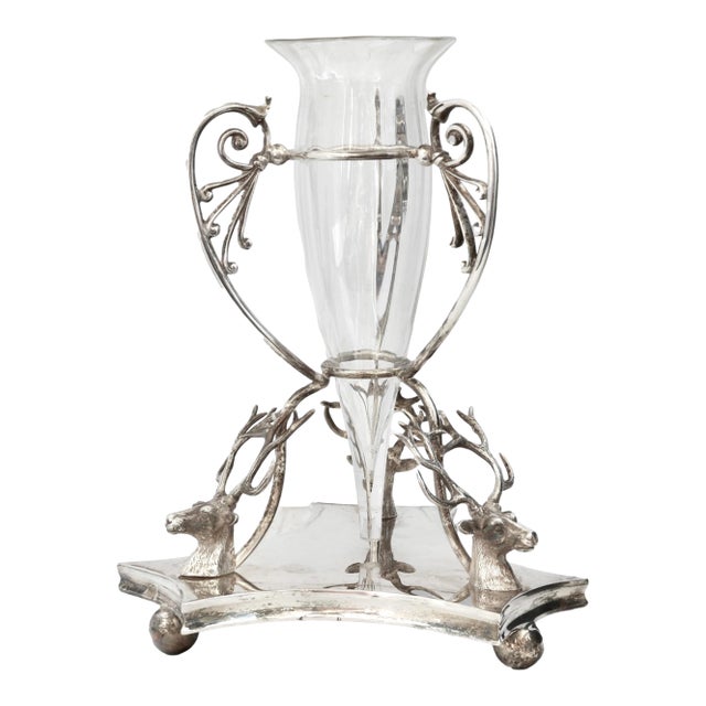 Victorian Stag's Head Silverplate & Glass Vase For Sale