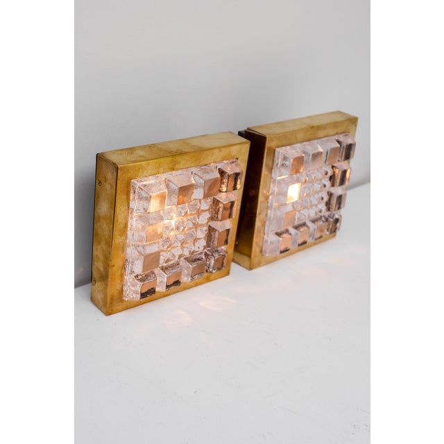 Metal Swedish Brutalist Glass and Brass Wall Lamps from Falkenbergs Belysning, Set of 2 For Sale - Image 7 of 18