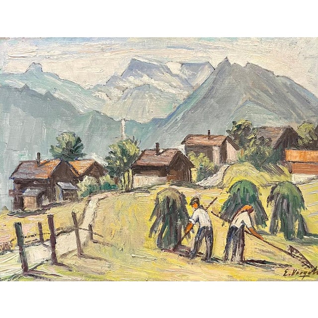 Ernest Voegeli, Hayfields in Adelboden, Bern, Oil on Canvas For Sale - Image 12 of 12