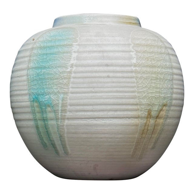 Vintage Japanese Abstract Expressionist Ceramic Vase With Muted Multicolor Crackle Glaze Drip Detail, Signed For Sale