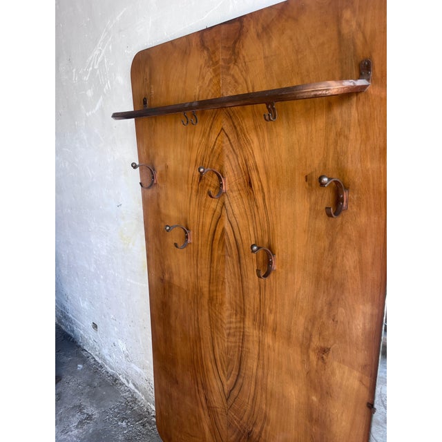 Art Deco Walnut Hallway Coat Rack with Mirror, 1930s Impressive Art Deco hallway coat rack crafted in richly figured...